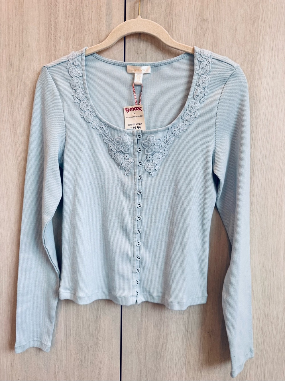 NWT Light Blue Lace-Trim Button-Front Long Sleeve Top Sz M